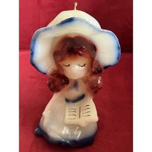 Vtg 1970s Decorative Candle Girl Blue White Bonnet Reading Book Never Used 7.5”